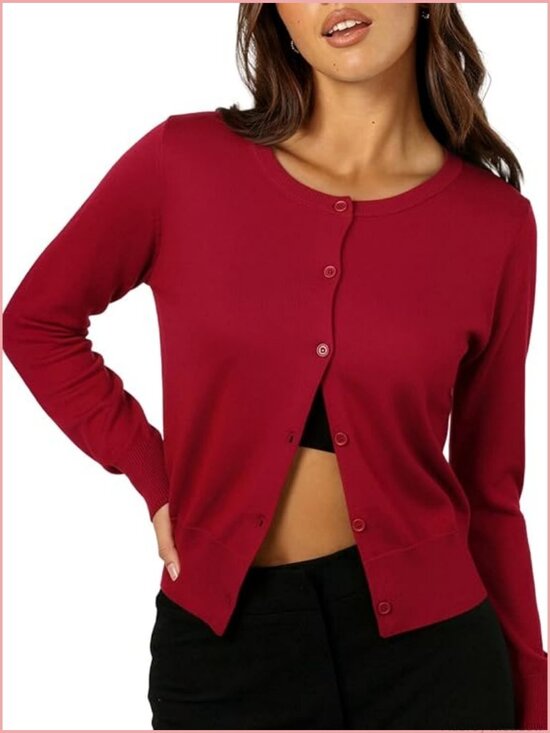 Sweaters - Cropped Cardigan Sweater Women Long Sleeve Crewneck Button Down Knit